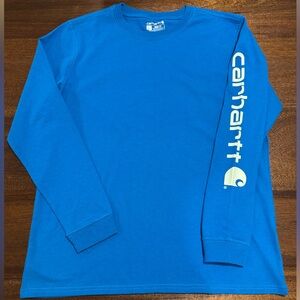 NWOT Carhartt Women’s L Loose Fit Long Logo Sleeve Heavy Weight Blue Graphic T